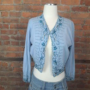 SOLDVintage Blue Beads Cashmere Wool Cardigan Lined 3/4 Sleeves Size S